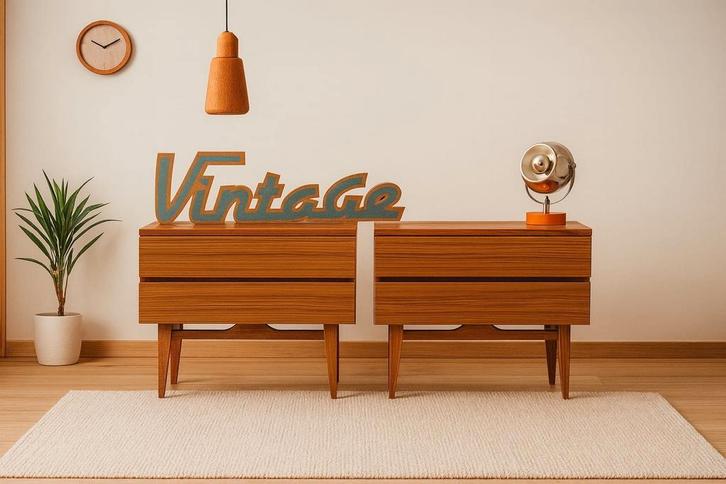 Minimalistische vintage nachtkastjes/retro nachtkastjes, Huis en Inrichting, Slaapkamer | Nachtkastjes, Gebruikt, Hout, Ophalen