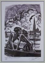 FRANK-IVO VAN DAMME / TIJL & NELE / ZW-W HOUTSNEDE / 60x46cm, Antiek en Kunst, Kunst | Litho's en Zeefdrukken, Ophalen of Verzenden