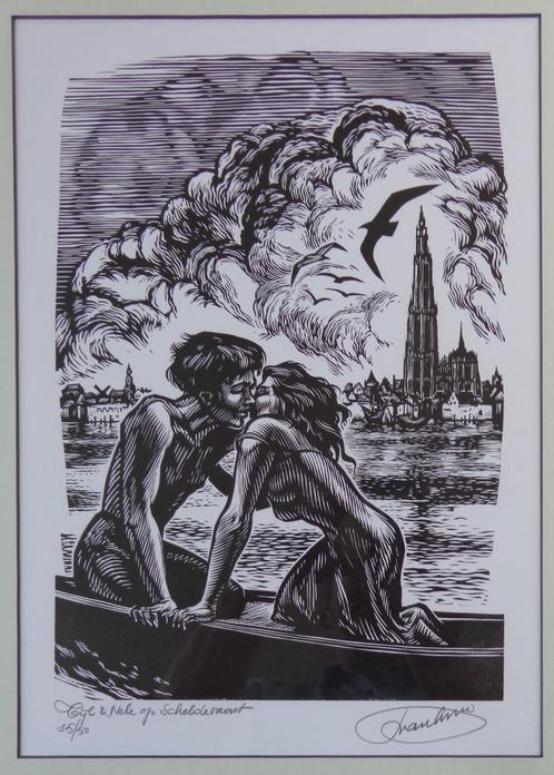 FRANK-IVO VAN DAMME / TIJL & NELE / ZW-W HOUTSNEDE / 60x46cm, Antiek en Kunst, Kunst | Litho's en Zeefdrukken, Ophalen of Verzenden