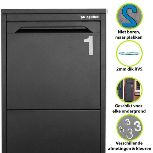 RVS Huisnummer simpel plakken? Type Bold 75mm - no 1, Tuin en Terras, Brievenbussen, Nieuw, Wandbrievenbus, Inox, Ophalen of Verzenden