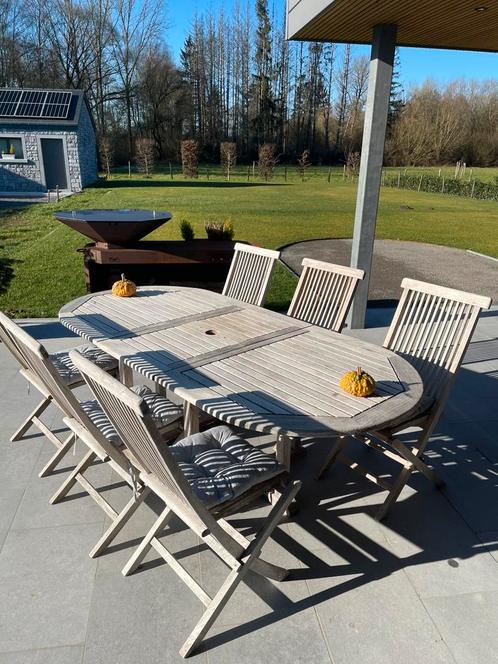 Table de jardin en bois avec 6 chaises pliantes, Tuin en Terras, Tuintafels, Zo goed als nieuw, Ovaal, Hout, Ophalen