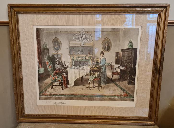 Interieur litho antiek Brits - luxe tafta inlijsting, Antiek en Kunst, Kunst | Litho's en Zeefdrukken, Ophalen of Verzenden