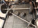 Barbell + EZ curl bar + 102kg gewichtschijven, Ophalen, Gebruikt, Halterschijven