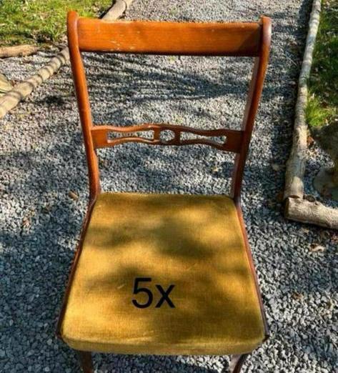 6 vintage stoelen kerselaar/oker (1 zonder zitvlak), Antiek en Kunst, Antiek | Meubels | Stoelen en Sofa's, Ophalen