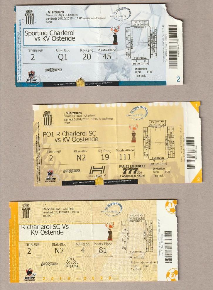3 versch (gebruikte) tickets Charleroi - Oostende, 2015-2019, Verzamelen, Sportartikelen en Voetbal, Gebruikt, Overige typen, Ophalen of Verzenden