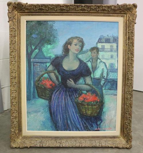 Antoine Serneels, dame met bloemenkorven, Antiek en Kunst, Kunst | Schilderijen | Klassiek, Ophalen of Verzenden