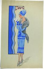 A300 Art Deco Kleurenontwerp Dame met stola (c. 42,5 x 26,5), Antiek en Kunst, Kunst | Tekeningen en Fotografie, Ophalen of Verzenden