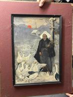 Tableau ancien – Femme nourrissant les oies – scène rurale –, Enlèvement