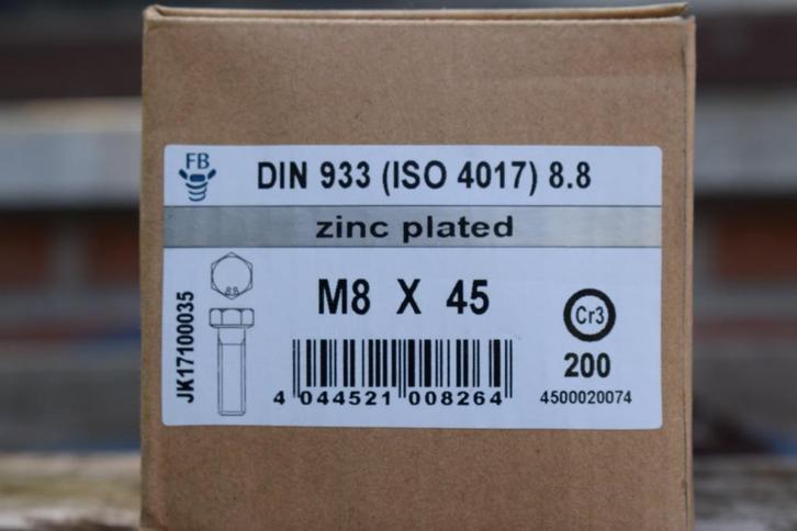 Bouten M8 x 45 - groot lot / per 200, Doe-het-zelf en Bouw, IJzerwaren en Bevestigingsmiddelen, Nieuw, Bouten of Moeren, Minder dan 50 mm