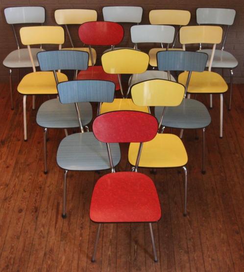 Formica Stoelen / Geel Bauw Rood Bruin Wit Lichtgrijs, Huis en Inrichting, Stoelen, Zo goed als nieuw, Hout, Kunststof, Metaal
