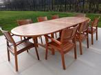 Table teck ovale 220/260/300cm vernis
+ 8 chaises, Jardin & Terrasse, Enlèvement