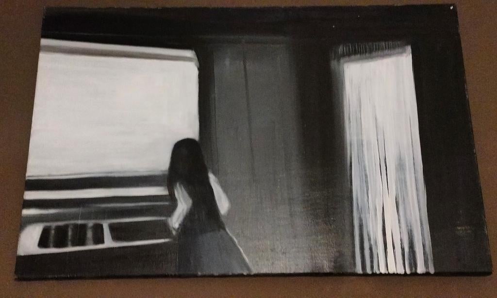 Schilderij meisje keukenraam, Antiquités & Art, Art | Peinture | Moderne, Enlèvement