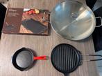 3 gietijzer pannen en 1 wokpan, Huis en Inrichting, Keuken | Potten en Pannen, Ophalen, Zo goed als nieuw, Gietijzer