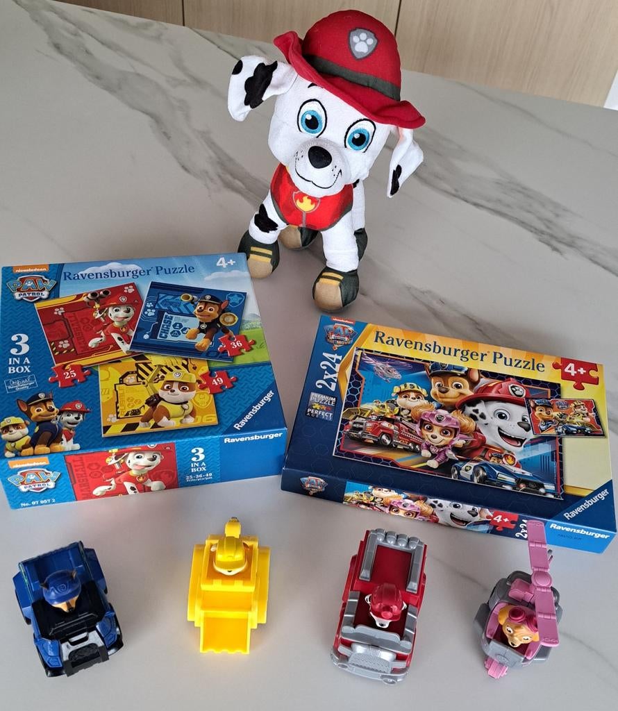 Paw patrol pakket: Knuffel Marchal, 2 puzzels en 4 auto's, Ophalen of Verzenden