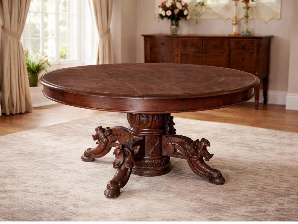 Een zeer statige, ronde eikenhouten tafel in Neo-Renaissance, Ophalen