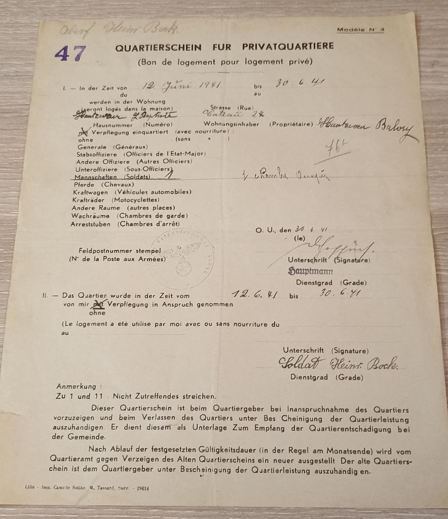 Document Allemand Quartierschein für privatquartiere ww2, Envoi, Armée de terre, Autres types