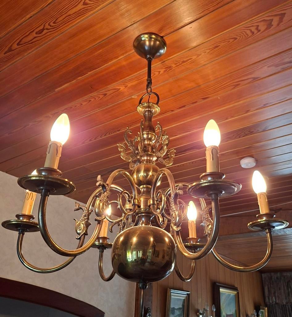 Koperen/messing kroonluchter uit de jaren '60 + 2 wandlampen, Ophalen