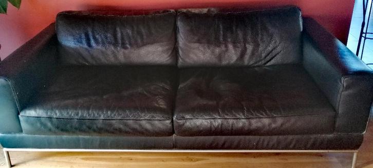 SALON : 2 ZIT EN 3 ZIT IN ZWART LEDER, Huis en Inrichting, Zetels | Complete zithoeken, Gebruikt, Leer, Metaal, Ophalen