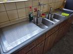 Inox dubbele spoelbak met dubbel afdruipvlak, Huis en Inrichting, Ophalen, Gebruikt, 50 tot 75 cm, 150 tot 200 cm