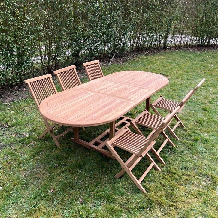Nieuwe teakhouten set: tafel van 240 cm en 6 stoelen, Huis en Inrichting, Tafels | Eettafels, Nieuw, 100 tot 150 cm, 200 cm of meer