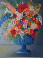 belle lithographie couleurs Fleurs au vase bleu Valérie Herm, Antiquités & Art, Art | Lithographies & Sérigraphies, Enlèvement ou Envoi
