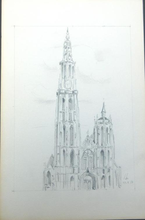Tekening kathedraal Antwerpen door L. Boschmans, Antiek en Kunst, Kunst | Schilderijen | Klassiek, Ophalen of Verzenden