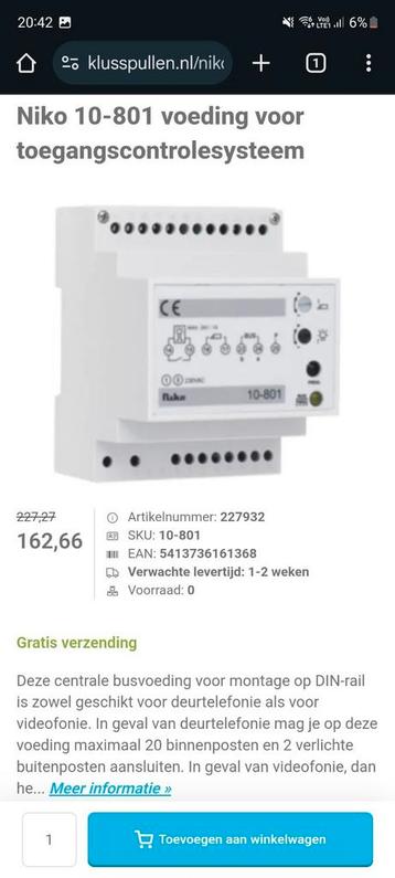 Niko 10-801 voeding voor toegangscontrolesysteem beschikbaar voor biedingen