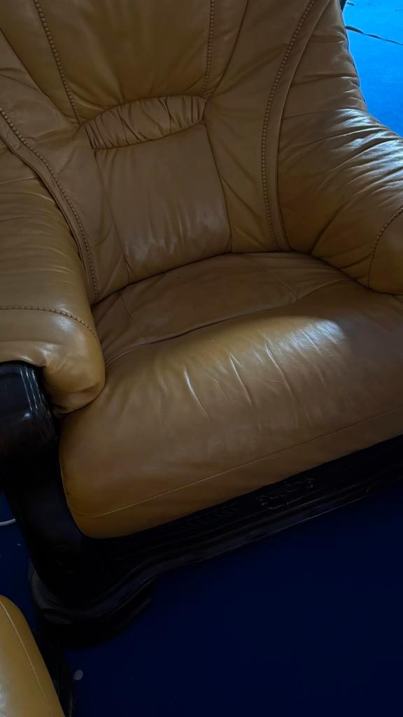 Gele lederen salonset: 3 zit + 2 éénzitters met opbergladen, Huis en Inrichting, Fauteuils, Gebruikt, Ophalen