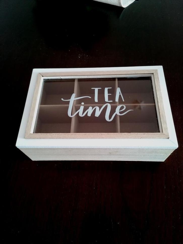 Theedoos met 6 compartimenten in natuurlijke houtlook, Huis en Inrichting, Woonaccessoires | Dienbladen, Nieuw, Hout, Rechthoekig