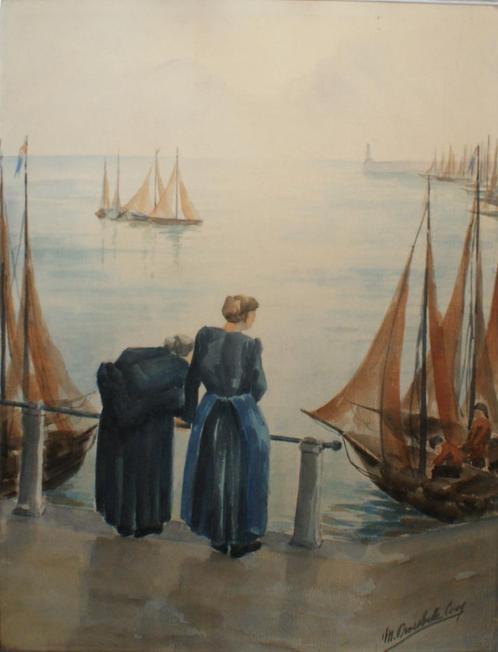 Madeleine Droesbeke Cocq (1889-?): Vissershaven (49 x 60 cm), Antiquités & Art, Art | Peinture | Classique, Enlèvement ou Envoi