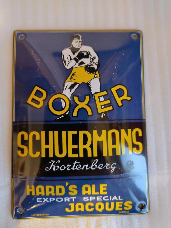 Plaque repro émaillée Boxer Schuermans, Collections, Marques de bière, Comme neuf, Enlèvement ou Envoi