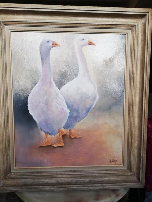 * A. Leroy: schilderij: 2 ganzen, Antiek en Kunst, Kunst | Schilderijen | Klassiek, Ophalen of Verzenden