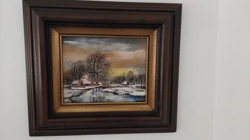 Winterlandschap met rivier en huizen - Vanbesien beschikbaar voor biedingen