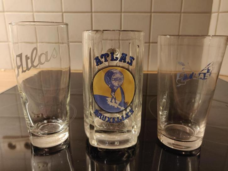 Set van 3 glazen van Brouwerij Atlas uit Brussel, Verzamelen, Glas en Drinkglazen, Gebruikt, Bierglas, Ophalen