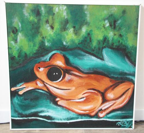 Ingekaderd schilderij pad / kikker op groene achtergrond, Antiek en Kunst, Kunst | Schilderijen | Modern, Ophalen of Verzenden