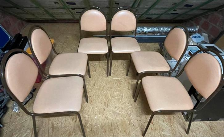 Set van 6 keukenstoelen, Huis en Inrichting, Stoelen, Gebruikt, Vijf, Zes of meer stoelen, Leer, Metaal, Bruin, Ophalen