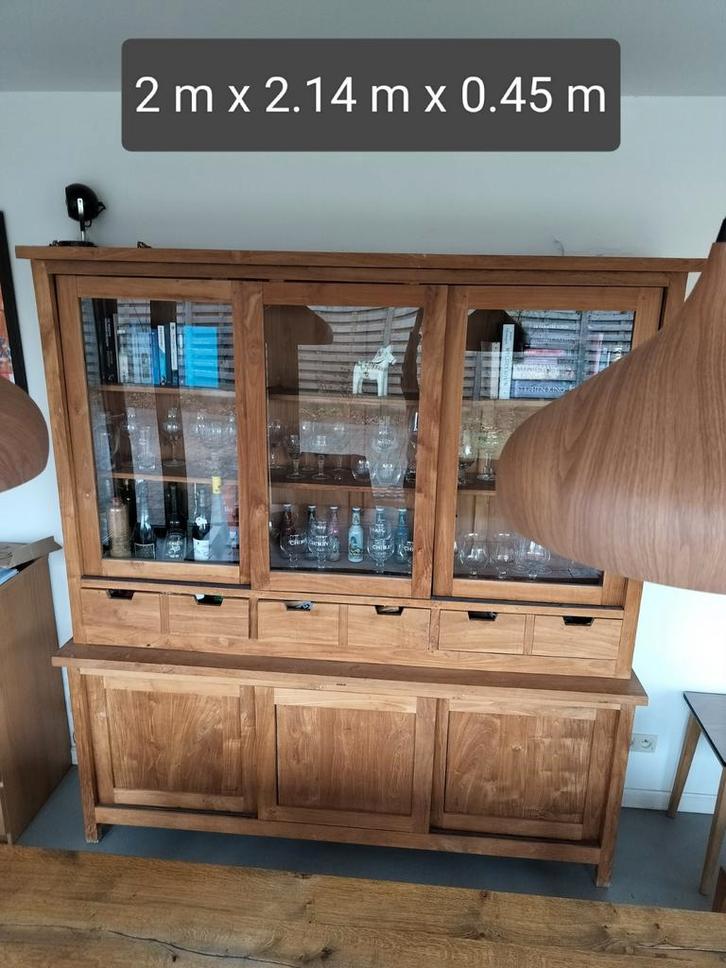 Teakhouten vitrinekast b 2 * 2.14 * 0.45, Maison & Meubles, Armoires | Buffets, Utilisé, 200 cm ou plus, 150 à 200 cm, 25 à 50 cm