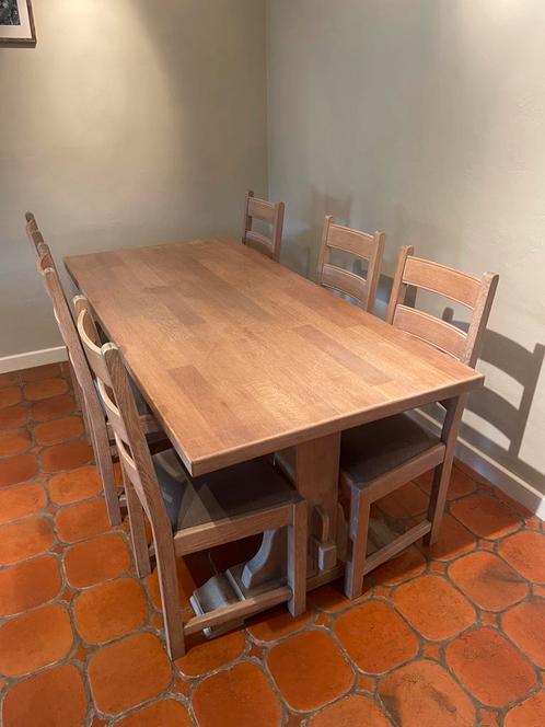 Landelijke houten eettafel met 6 stoelen, lichte kleur., Huis en Inrichting, Tafels | Eettafels, Zo goed als nieuw, 50 tot 100 cm