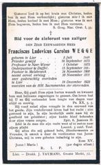 Bp. Pastoor. Wegge Franciscus. ° Lier 1849 † Lier 1923, Verzamelen, Ophalen of Verzenden, Bidprentje