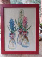 Borduurwerk/kruissteek/onder glas in kader/hyacinten, Hobby en Vrije tijd, Borduren en Borduurmachines, Ophalen of Verzenden
