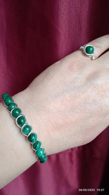 Ringset armband+ring met natuurlijk malachiet  beschikbaar voor biedingen