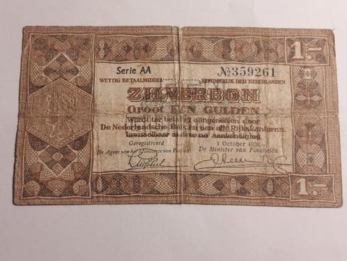 1 zilverbon, groot 1 Gulden, Nederland, 1938, Postzegels en Munten, Bankbiljetten | Nederland, 1 gulden, Ophalen of Verzenden