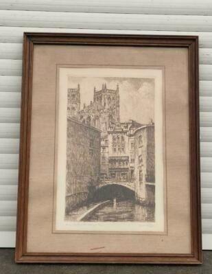 gravure huy le pont des chaines signe geo warzee, Antiek en Kunst, Kunst | Etsen en Gravures, Ophalen of Verzenden