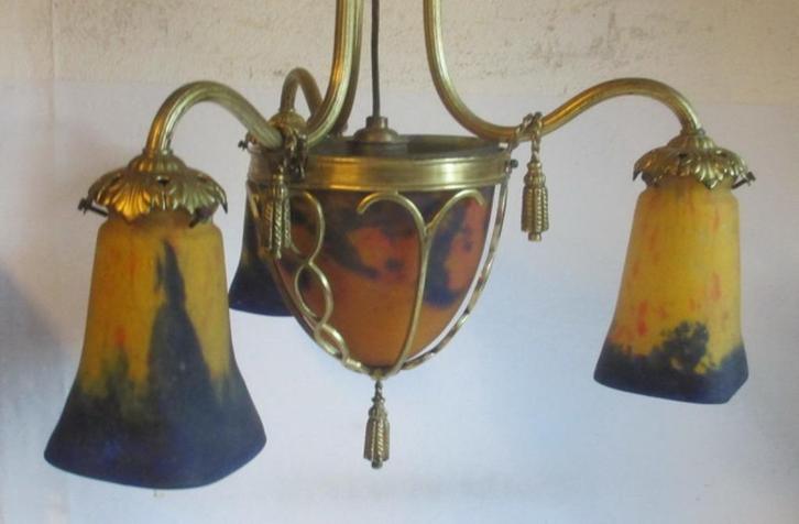 art deco bronzen pate de verre luster lamp Muller Luneville, Antiek en Kunst, Antiek | Verlichting, Ophalen