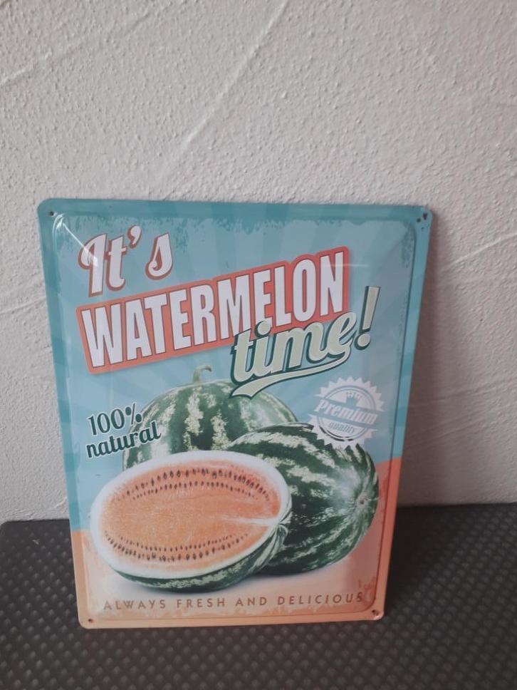 Metalen bord It's watermelon time!, Verzamelen, Merken en Reclamevoorwerpen, Zo goed als nieuw, Reclamebord, Ophalen of Verzenden