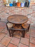 Vintage stevige houten ronde tafel met 4 driehoekige stoelen, Antiek en Kunst, Ophalen of Verzenden