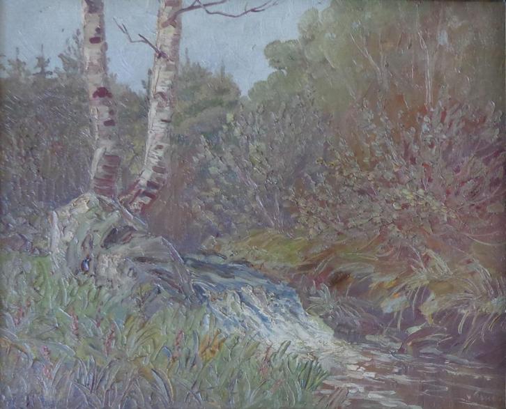 DUITSE SCHOOL / RIVIERTJE IN BOS / OLIEVERF DOEK / 61x72cm, Antiek en Kunst, Kunst | Schilderijen | Klassiek, Ophalen
