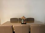 Tafel met glazen tafelblad en 6 leder stoelen, Huis en Inrichting, Tafels | Eettafels, 50 tot 100 cm, 150 tot 200 cm, Gebruikt