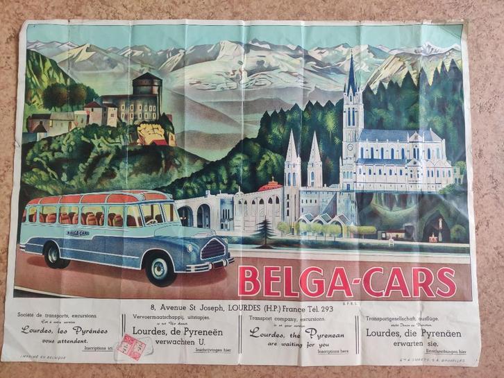 Vintage poster Belga-Cars Lourdes excursies uit 1920, Verzamelen, Posters, Ophalen