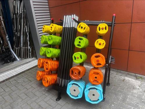 24 Reebok Body Pump Sets met Opbergrek + 10x 10kg Gewichten, Sport en Fitness, Fitnessmaterialen, Gebruikt, Overige typen, Ophalen